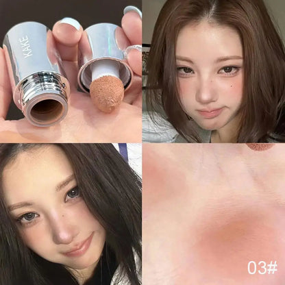 Three liquid blush sticks with sponge tips; cheek swatches and applicator shown