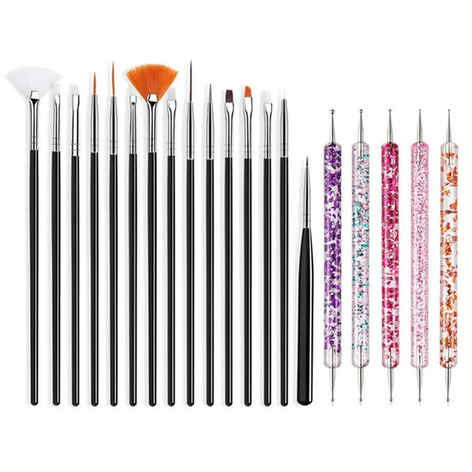 Nail art brush set with black-handled detail brushes and crystal dotting pens