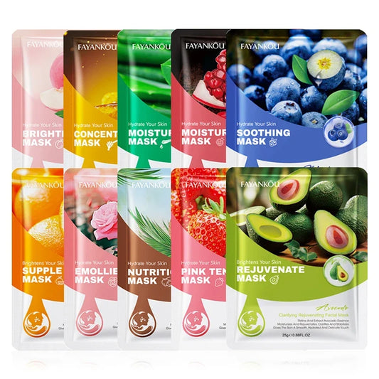 Set of 10 fruit facial mask packets with colorful designs and sheet-mask labels