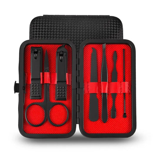 Stainless manicure tool set in red-and-black zip case, tools arranged in two halves
