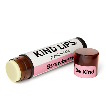 Strawberry lip balm tube with screw-cap and mini pot, brown cap and pink label