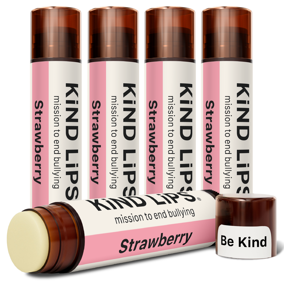 Strawberry lip balm set with three tubes and mini pot, plus open balm stick