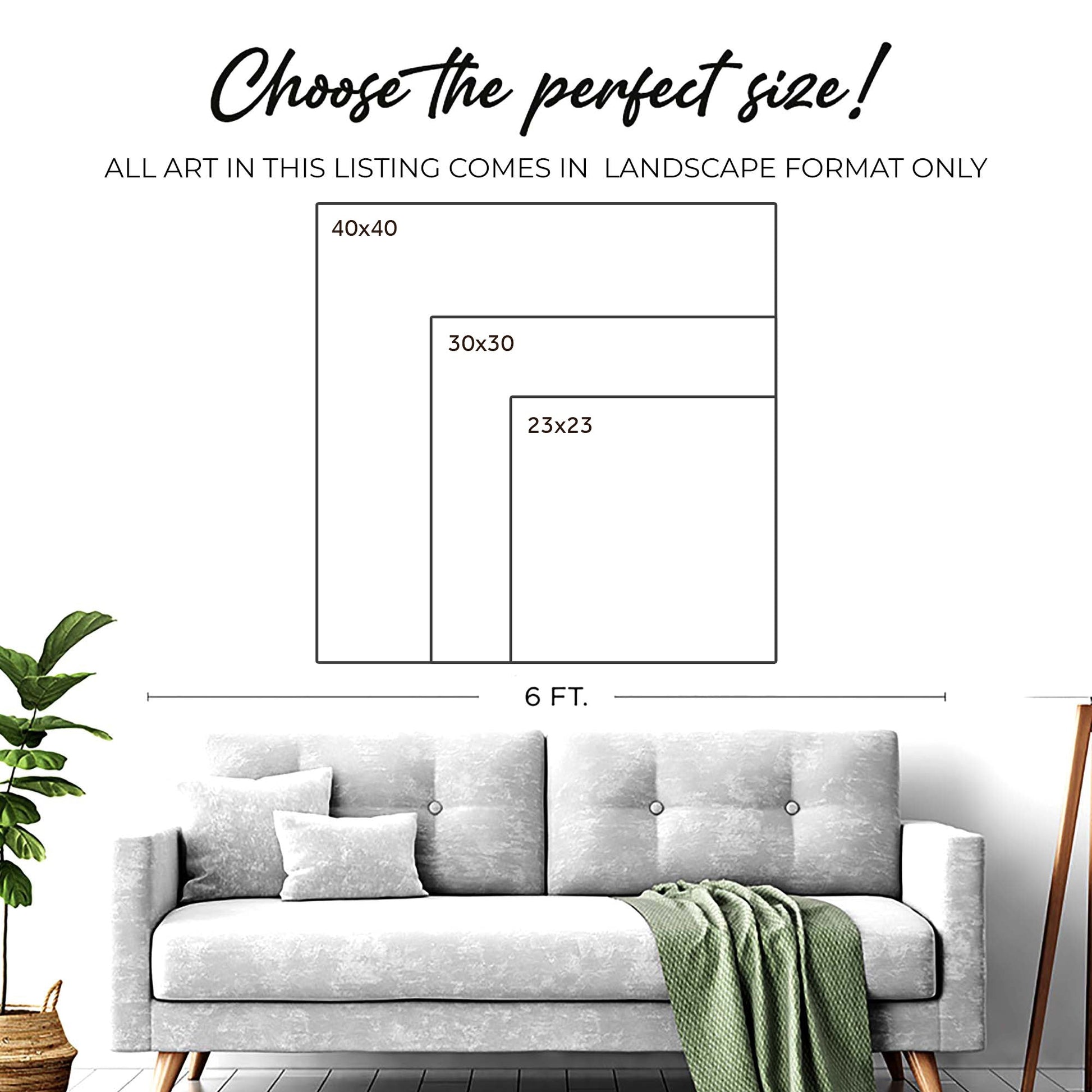 Landscape size chart for canvas wall art listing 40x40, 30x30, and 23x23