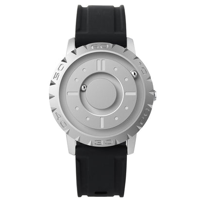 Men’s watch with dark rubber strap, light gray dial, and silver bezel