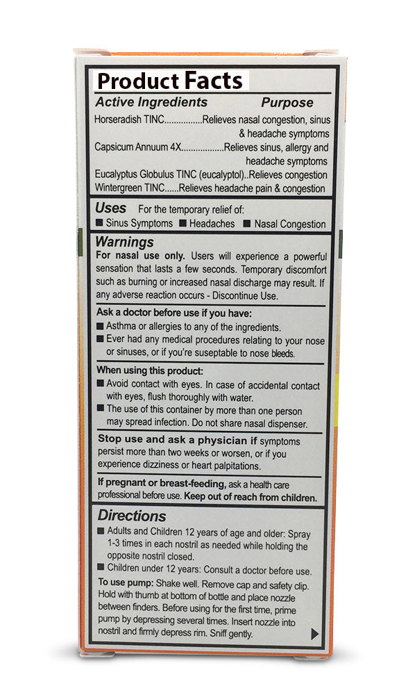 Natural nasal spray box back panel with Product Facts and Directions text