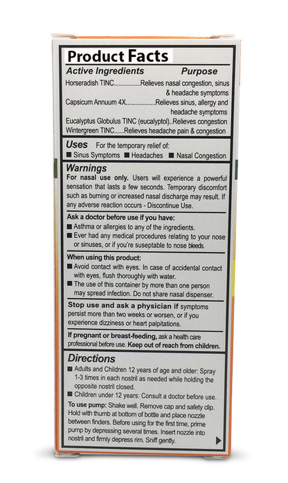 Natural nasal spray box back panel with Product Facts and Directions text