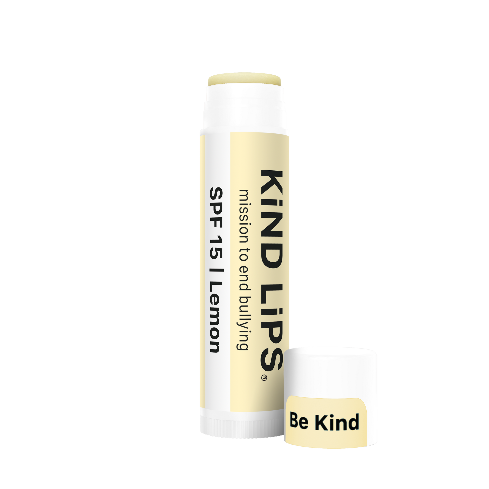 SPF 15 lemon lip balm tube and stick with Be Kind label