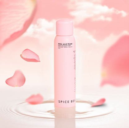 Soothe and Scent Duo Milk and Rose body mist bottle with floating petals