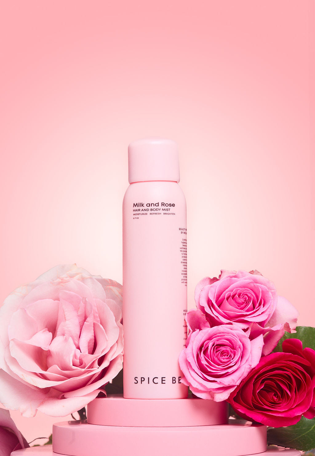 Milk and Rose hair and body mist bottle with spray top, pink and white