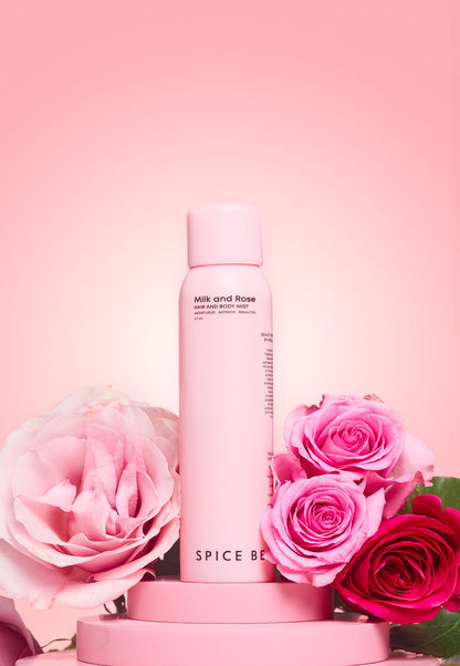Milk and Rose hair and body mist bottle with spray top, pink and white