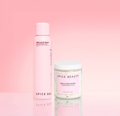 Soothe and Scent Duo Milk and Rose body mist and magnesium salt soak jar