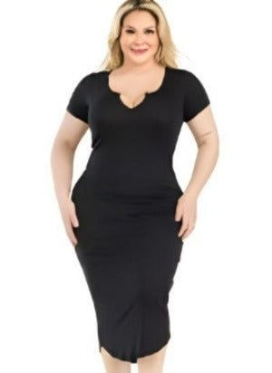 SPLIT NECK RIBBED BODYCON DRESS - Renee Lane Company
