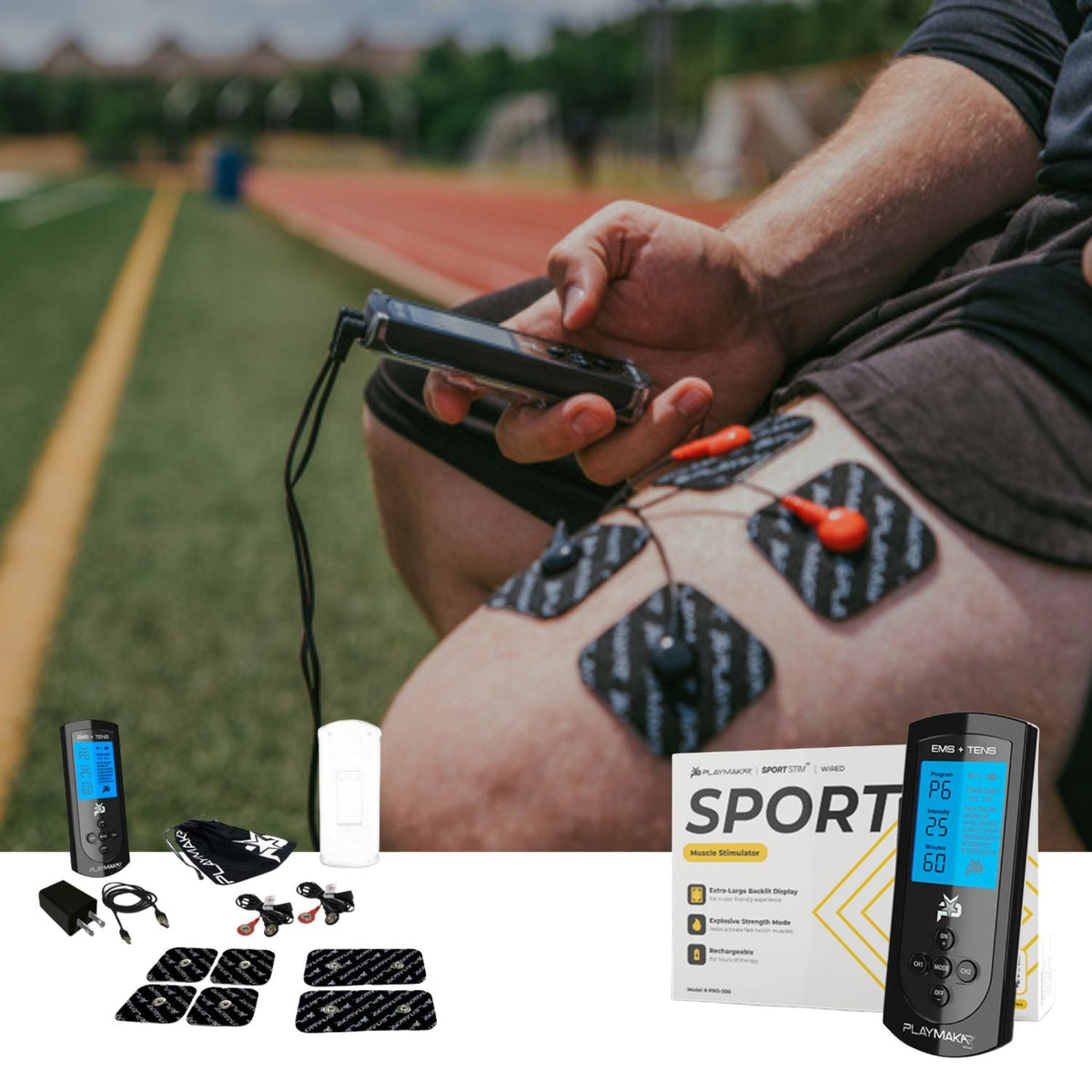 EMS/TENS muscle stimulator controller with electrode pads and wires on leg