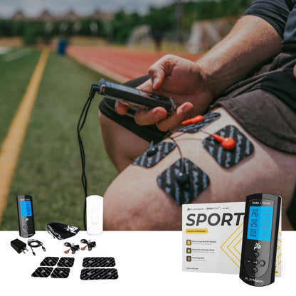 EMS/TENS muscle stimulator controller with electrode pads and wires on leg
