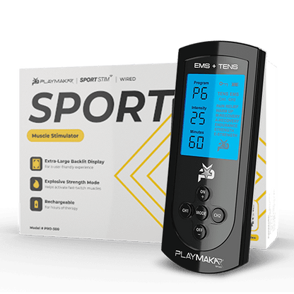 EMS/TENS muscle stimulator device with LCD screen, buttons, and product box