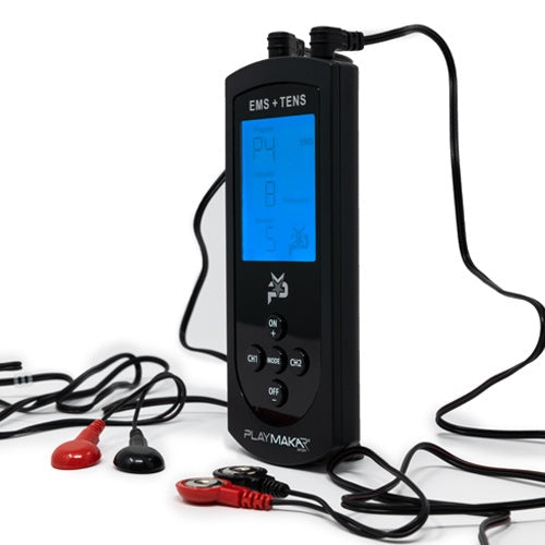 EMS/TENS muscle stimulator control unit with LCD screen and connected wires