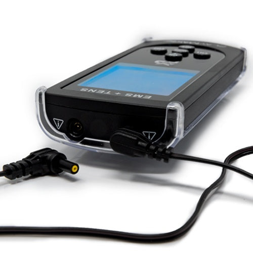 TENS/EMS muscle stimulator unit with LCD screen, cables and adapter