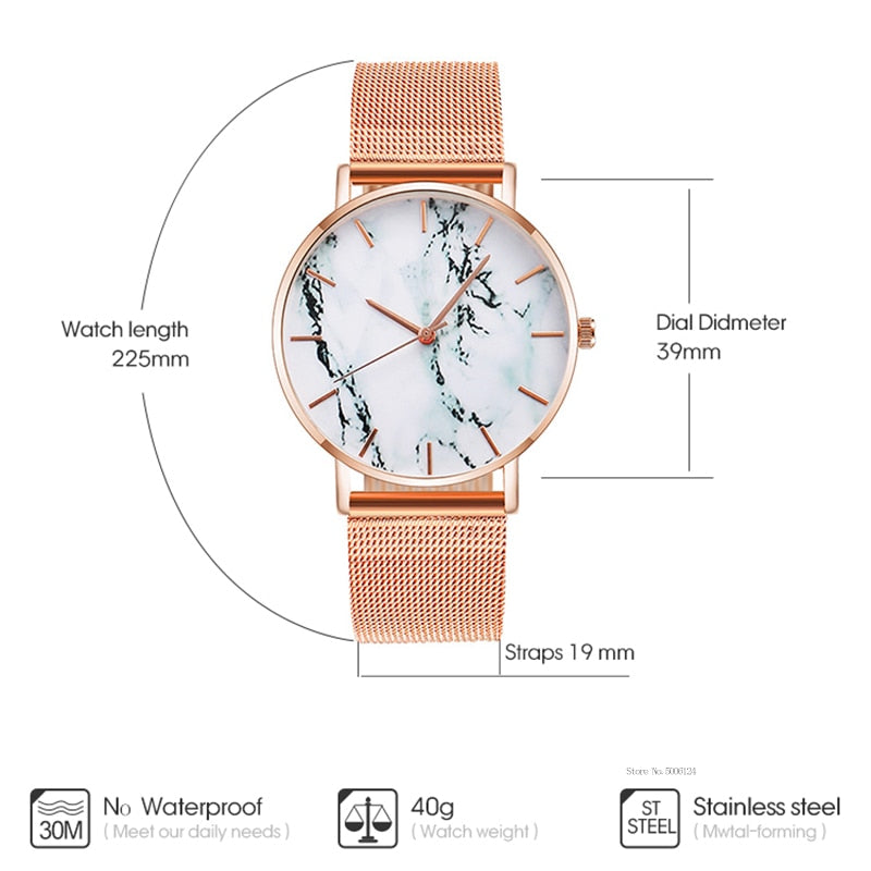 Women’s rose-gold mesh band quartz watch with white marble-pattern dial and rose-gold case
