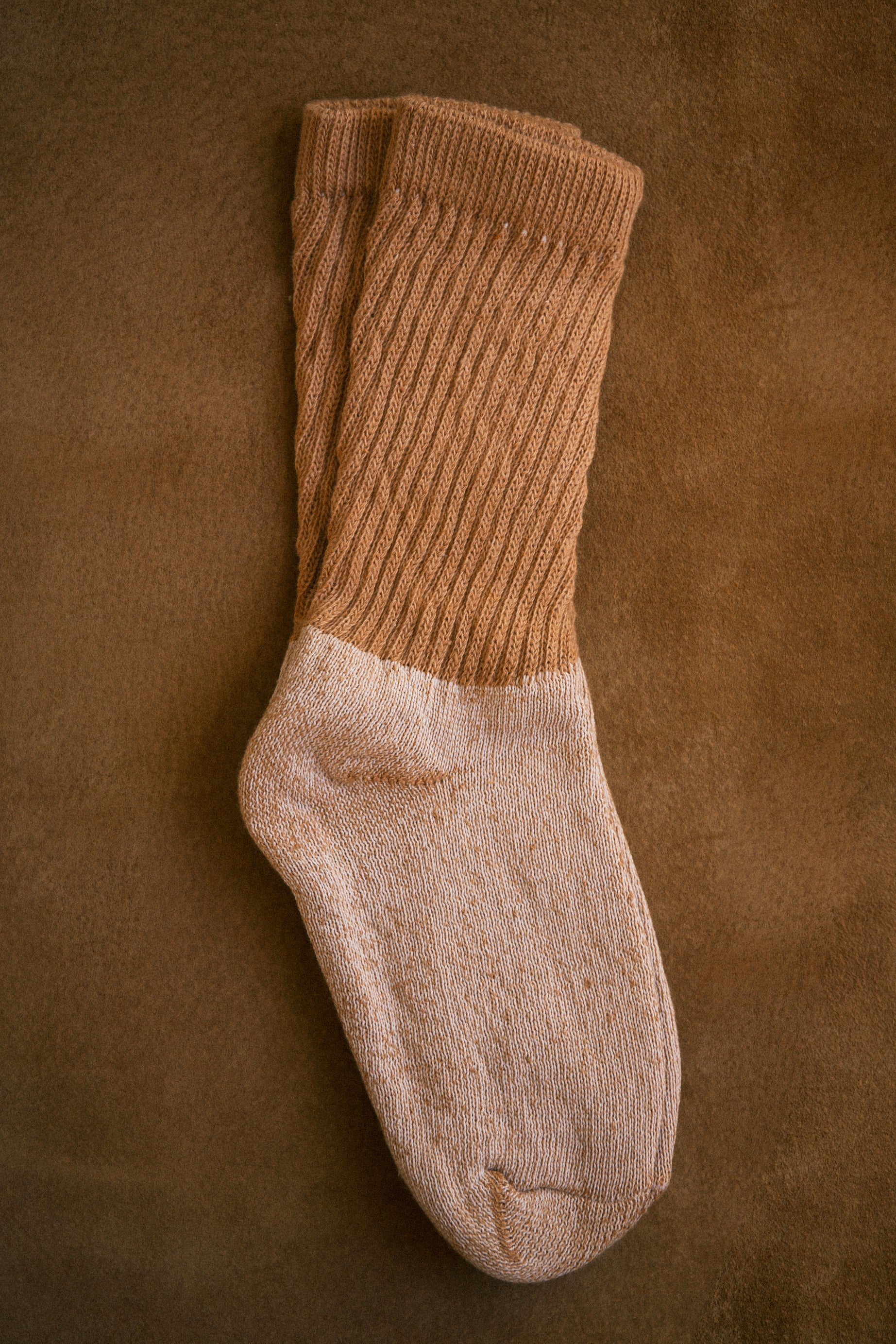 Organic cotton socks, buffalo brown ribbed shaft, light tan toe and heel
