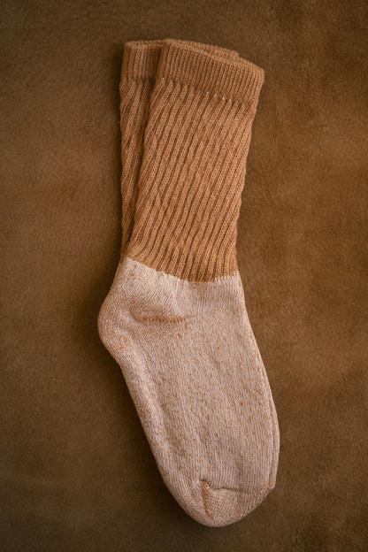 Organic cotton socks, buffalo brown ribbed shaft, light tan toe and heel