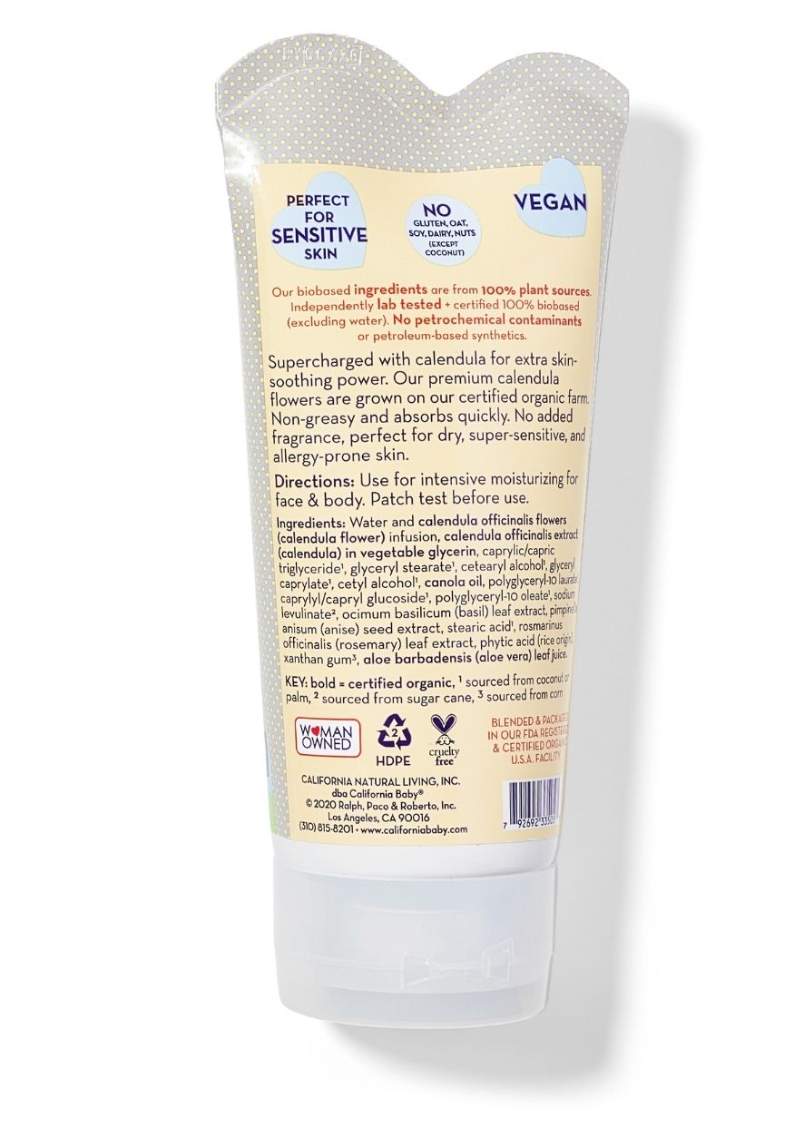 Calendula cream tube back label with ingredient text and vegan badge, white cap