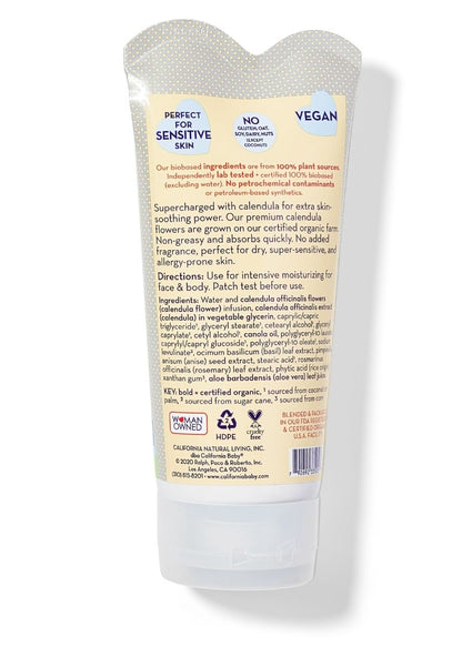 Calendula cream tube back label with ingredient text and vegan badge, white cap