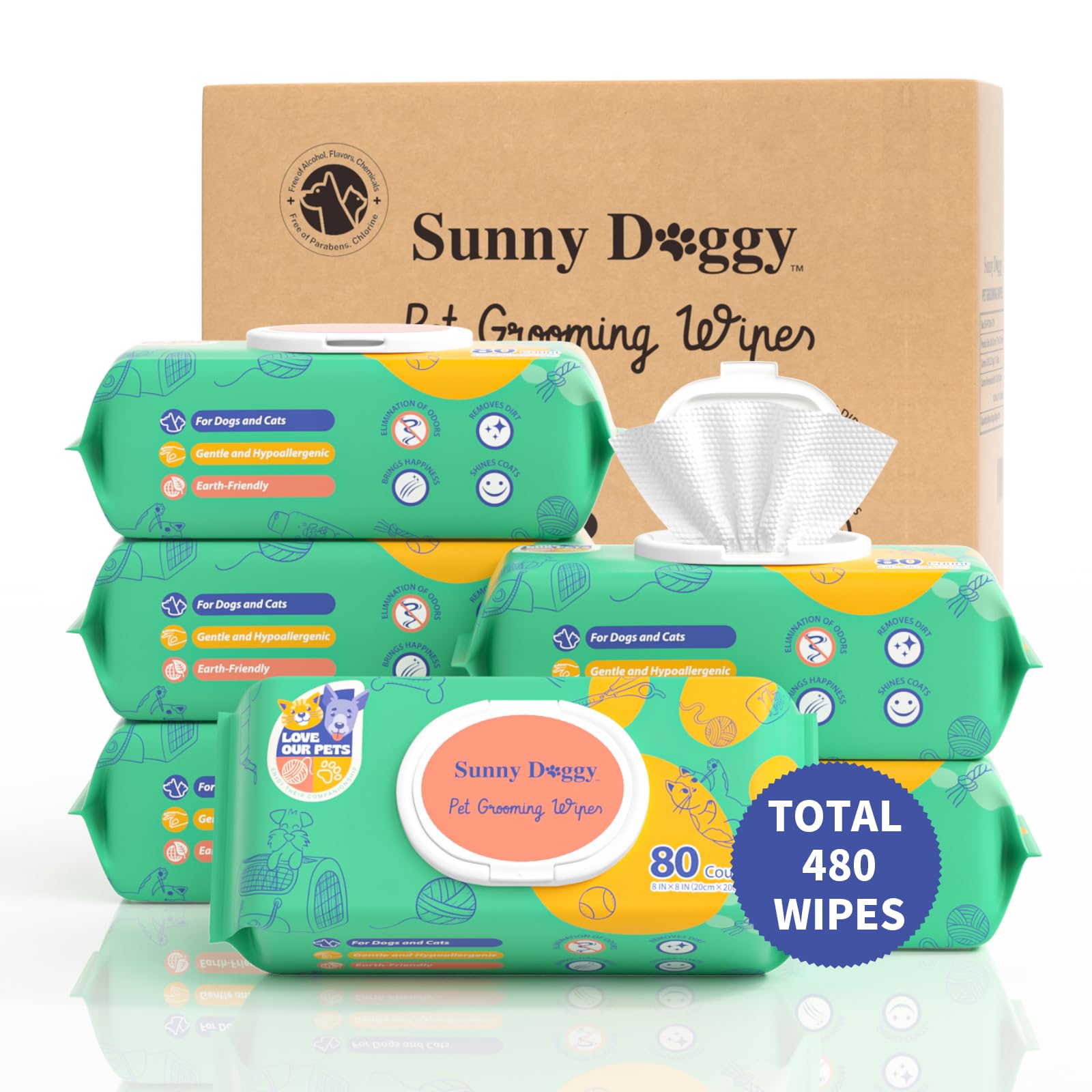 SUNNY DOGGY Pet Wipes 480 Count Dog Wipes Cleaning Deodorizing Cat Wipes 8 x 8 Inch Dog Grooming Wipes for Butt Paws Ear Eyes and Body Pack of 6 - Renee Lane Company