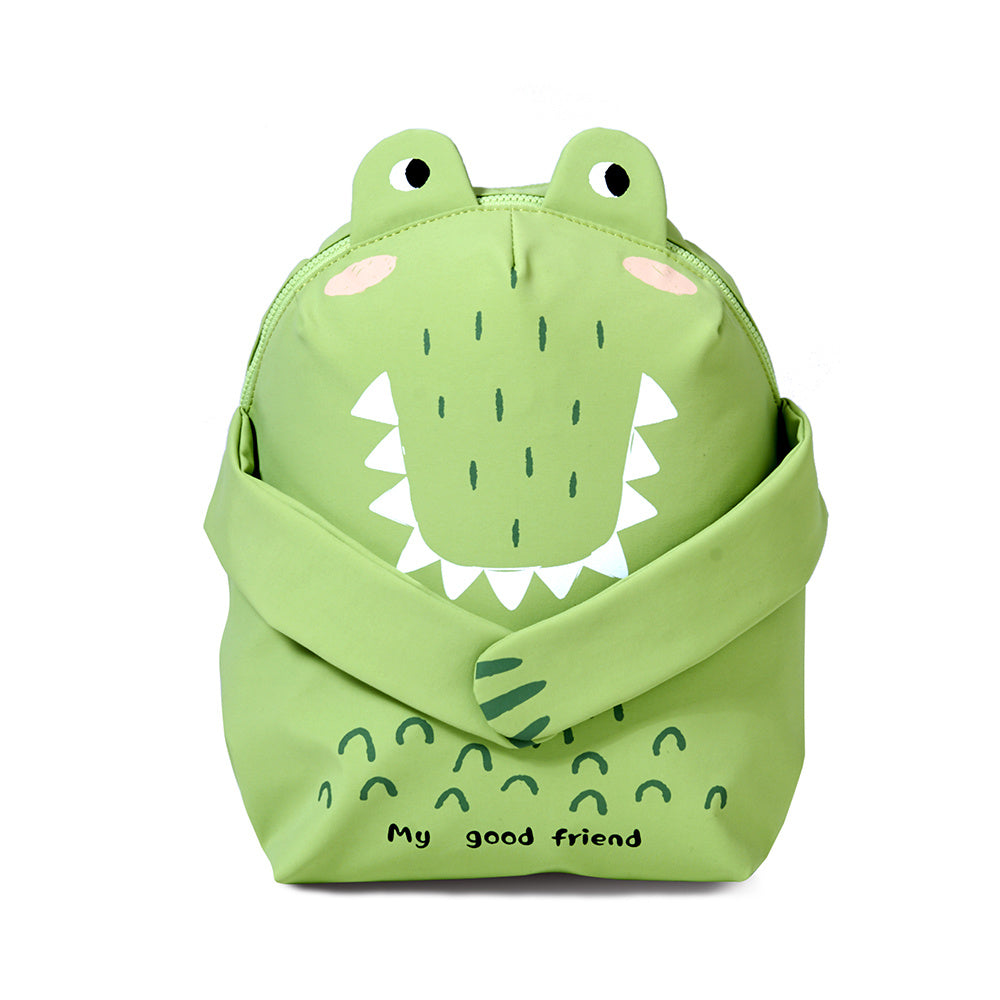 Children's green crocodile backpack with front face and curved top handle