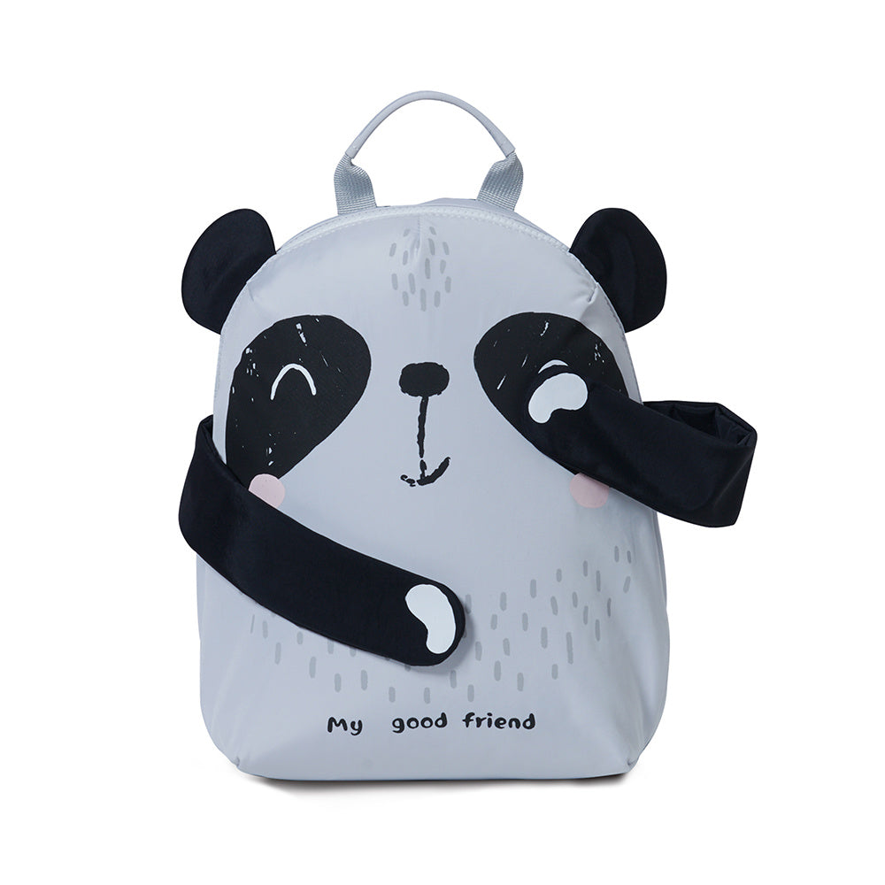 Children's panda backpack in light gray and black with front panda face and handle
