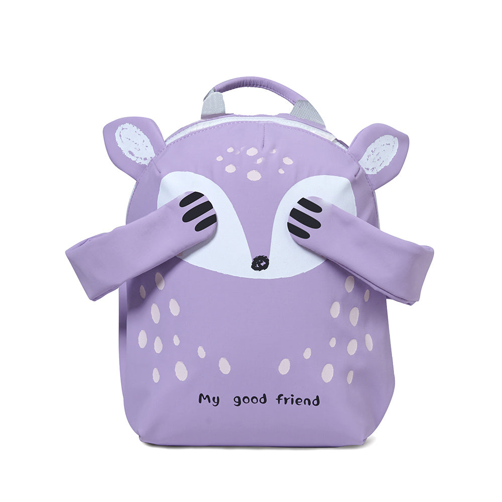 Children's purple animal backpack with cute snout, ear details, and top handle