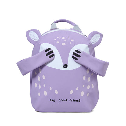 Children's purple animal backpack with cute snout, ear details, and top handle