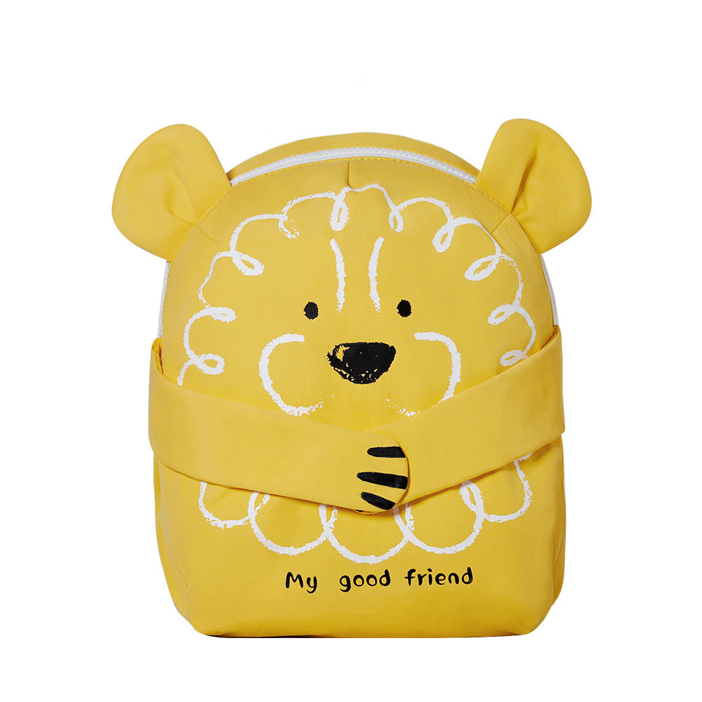 Children's yellow lion backpack with stitched mane face and side ear shapes, top handle