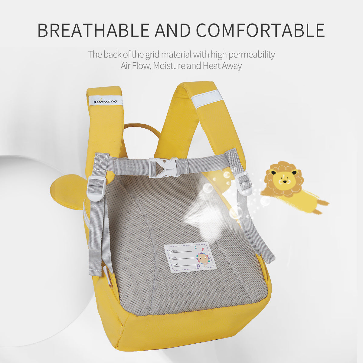 Children's yellow backpack with gray mesh back panel and adjustable shoulder straps