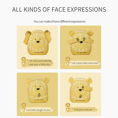 Kids animal backpack with lion-face design showing four different expression styles