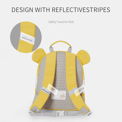 Children's yellow lion backpack with reflective stripes and gray mesh back panel