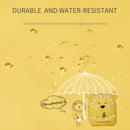 Children's yellow lion backpack with water-protection graphic and raindrop icons