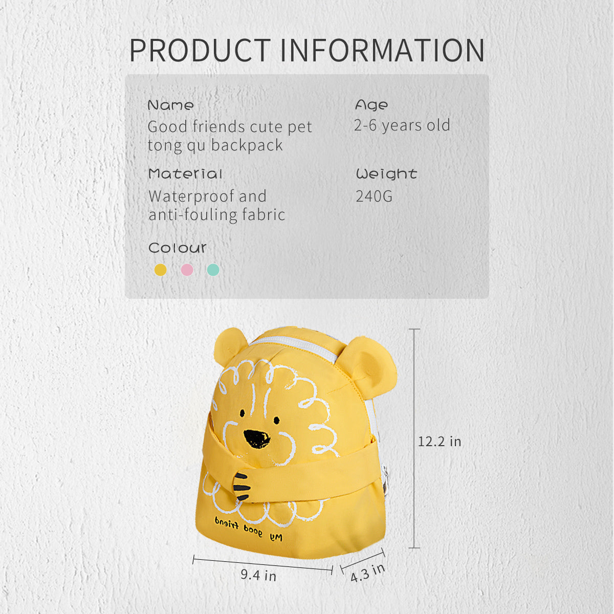 Yellow animal-face kids backpack with front zipper and curved ear details