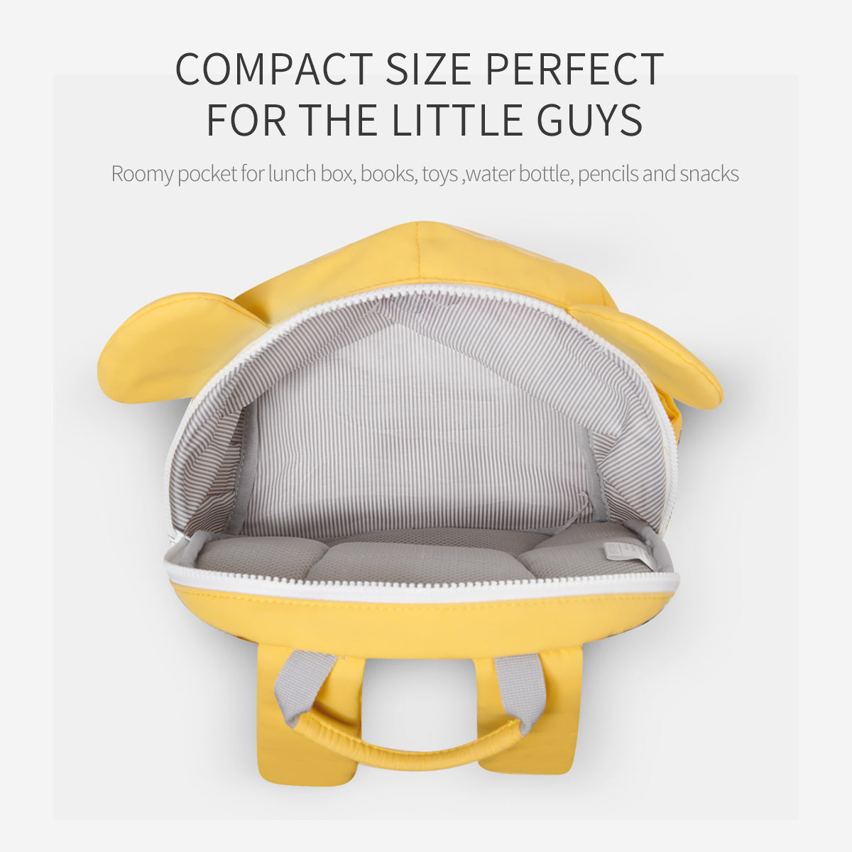 Yellow kids backpack interior with gray striped lining and open zip top