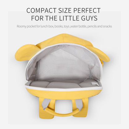 Yellow kids backpack interior with gray striped lining and open zip top