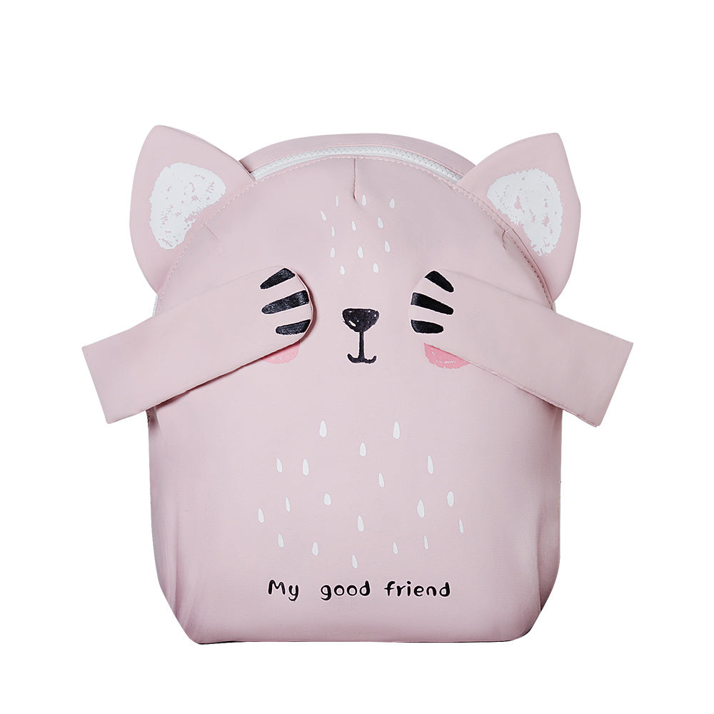 Pink cat-face kids backpack with ears, smiling eyes, and friend-themed print