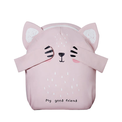 Pink cat-face kids backpack with ears, smiling eyes, and friend-themed print