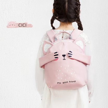 Pink kids backpack worn by child, with cat-face front and shoulder straps