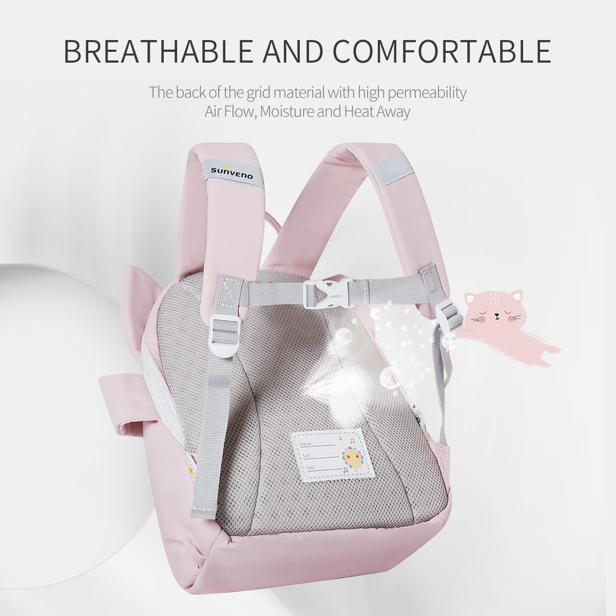 Pink kids backpack with gray mesh back panel and top handle