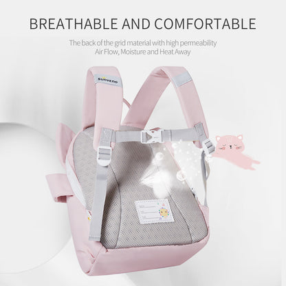 Pink kids backpack with gray mesh back panel and top handle
