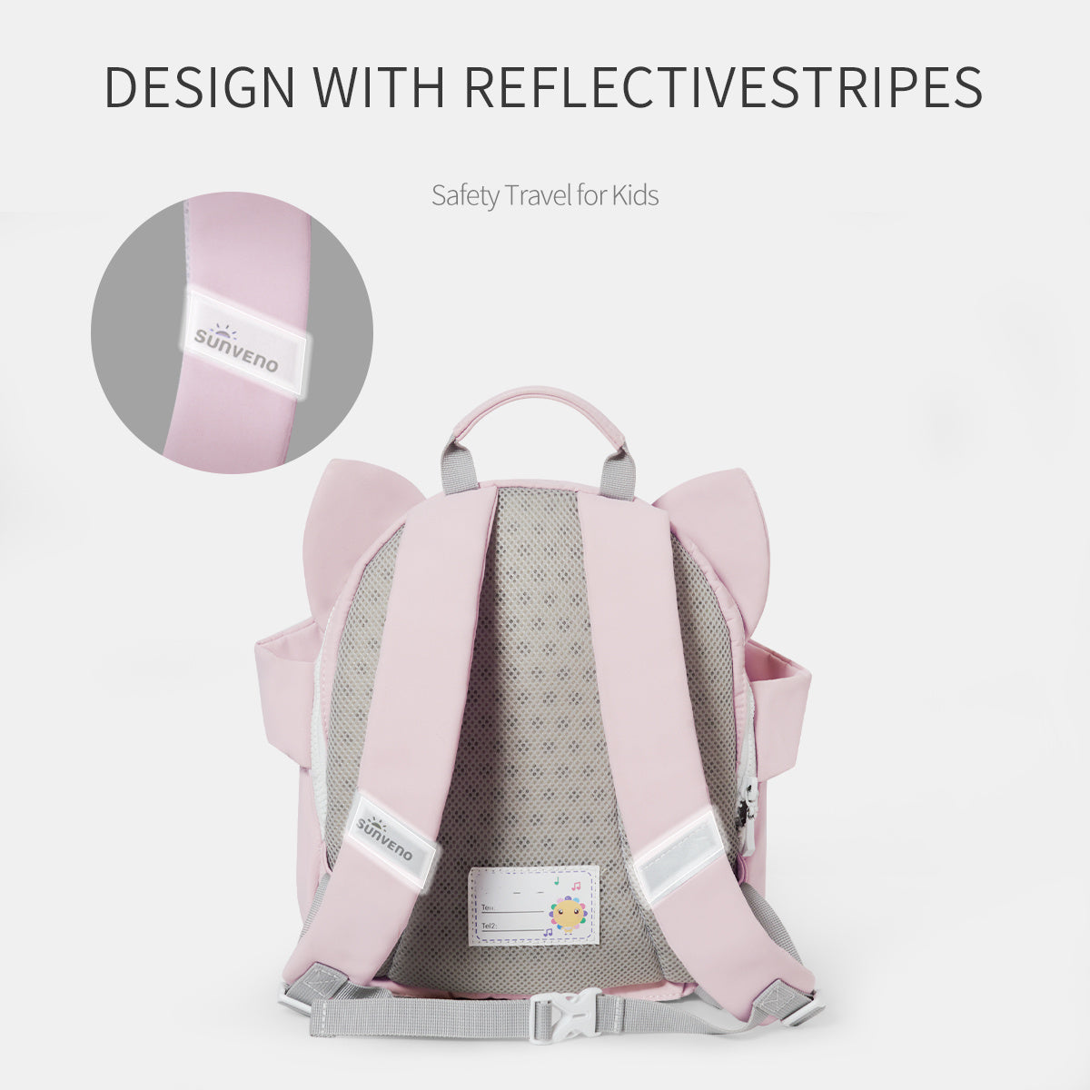 Pink kids backpack with reflective gray stripes and cat-face front detail