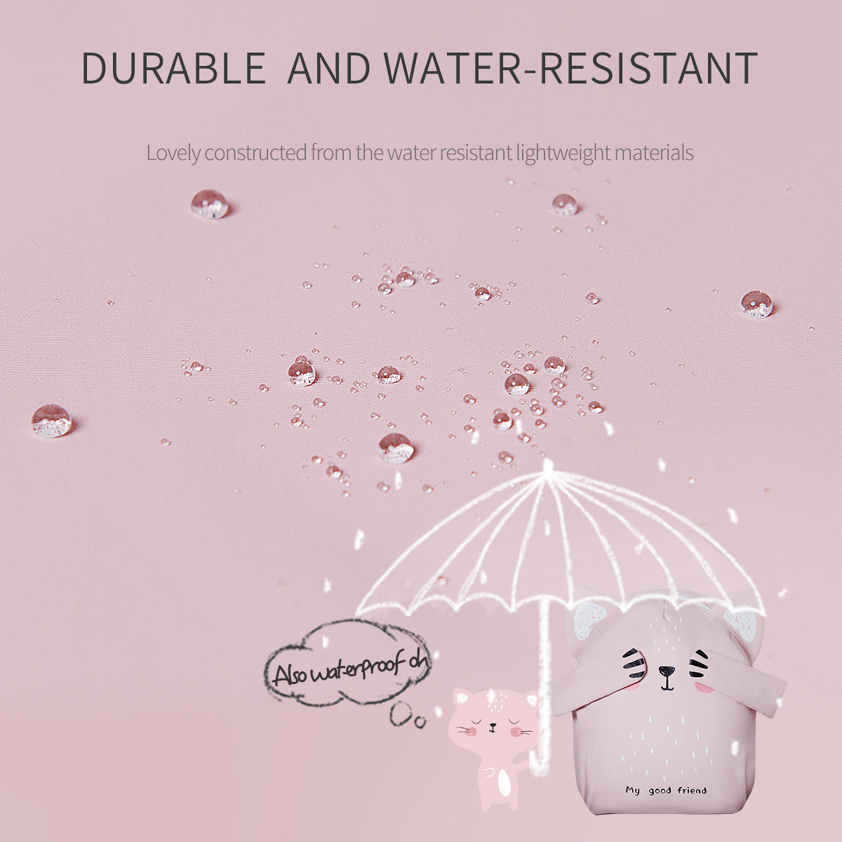 Pink water-resistant kids backpack with cat and umbrella rain graphic