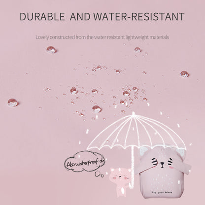 Pink water-resistant kids backpack with cat and umbrella rain graphic