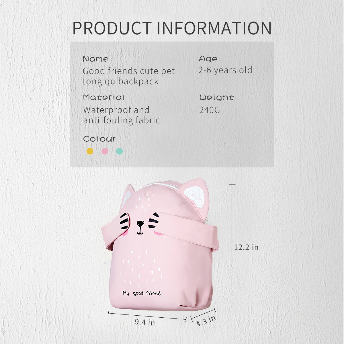 Pink cat-face kids backpack with front zipper and ear-shaped side panels