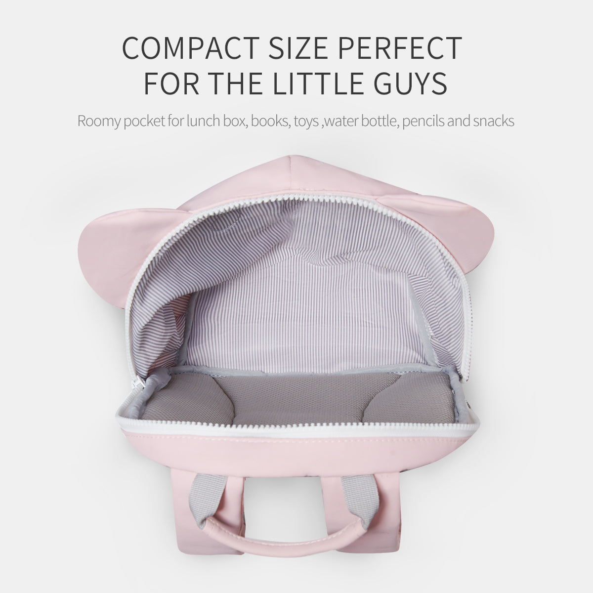 Pink kids backpack open with gray striped lining and rounded ear top