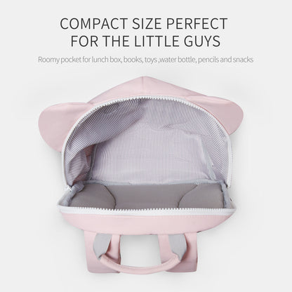 Pink kids backpack open with gray striped lining and rounded ear top